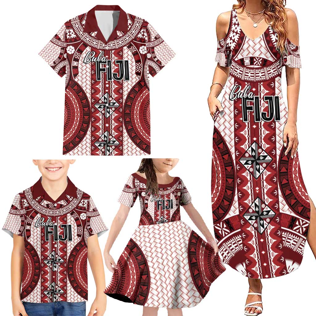 Bula Fiji Vintage Family Matching Summer Maxi Dress and Hawaiian Shirt Scarlet Masi Motifs LT7 - Polynesian Pride