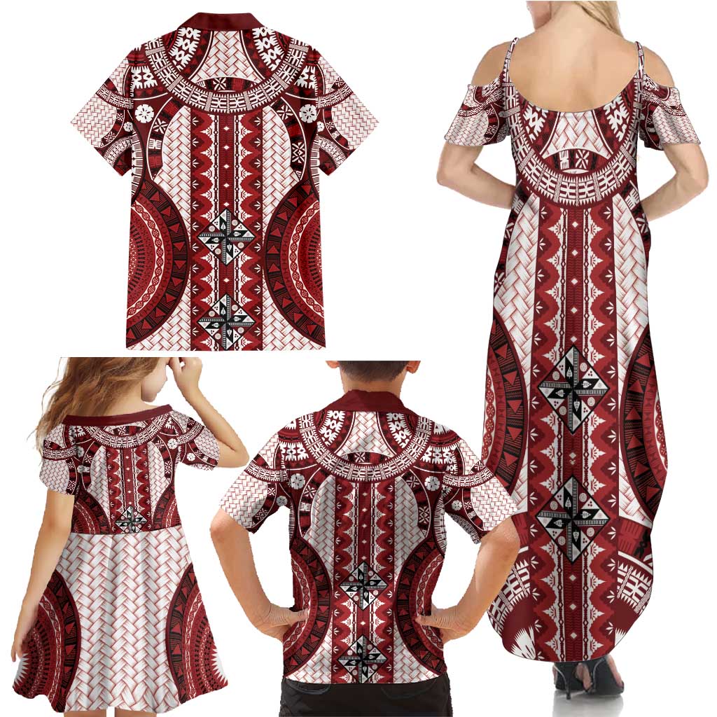 Bula Fiji Vintage Family Matching Summer Maxi Dress and Hawaiian Shirt Scarlet Masi Motifs LT7 - Polynesian Pride