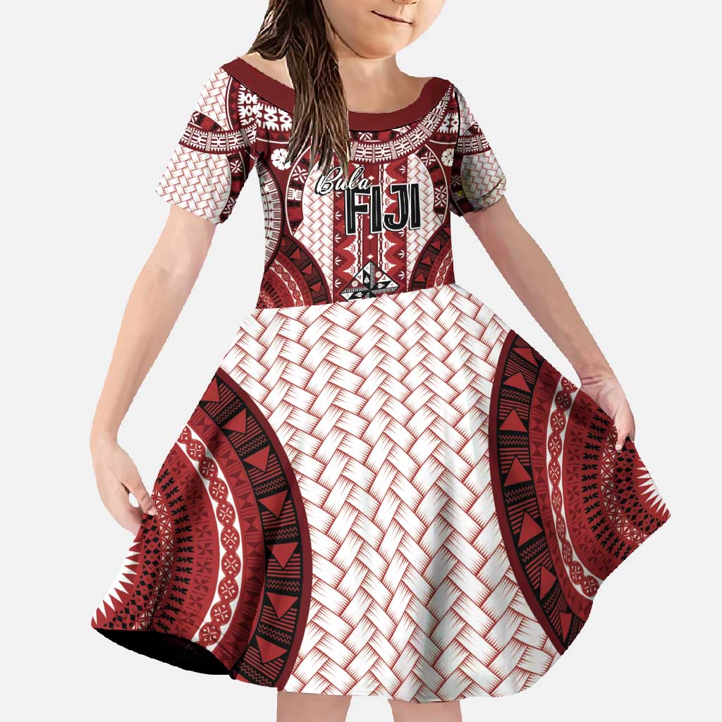 Bula Fiji Vintage Family Matching Tank Maxi Dress and Hawaiian Shirt Scarlet Masi Motifs LT7 Daughter's Dress Scarlet - Polynesian Pride