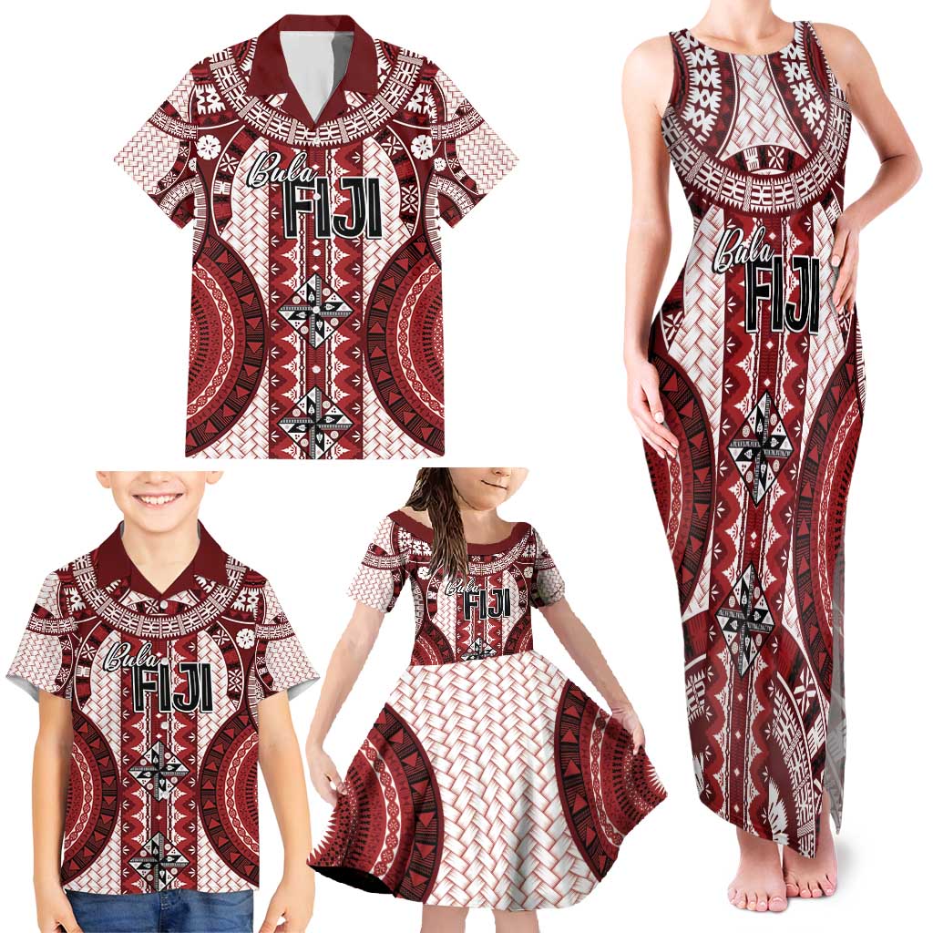 Bula Fiji Vintage Family Matching Tank Maxi Dress and Hawaiian Shirt Scarlet Masi Motifs LT7 - Polynesian Pride