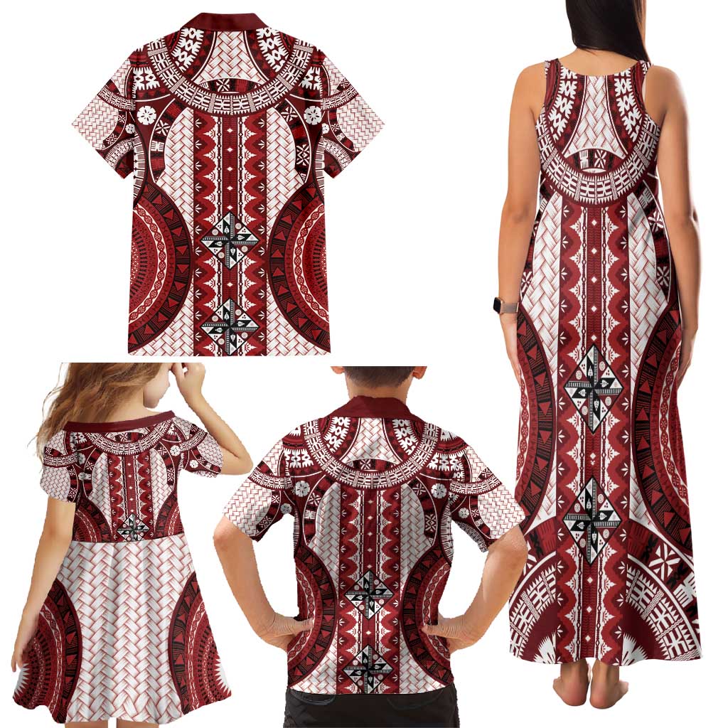 Bula Fiji Vintage Family Matching Tank Maxi Dress and Hawaiian Shirt Scarlet Masi Motifs LT7 - Polynesian Pride