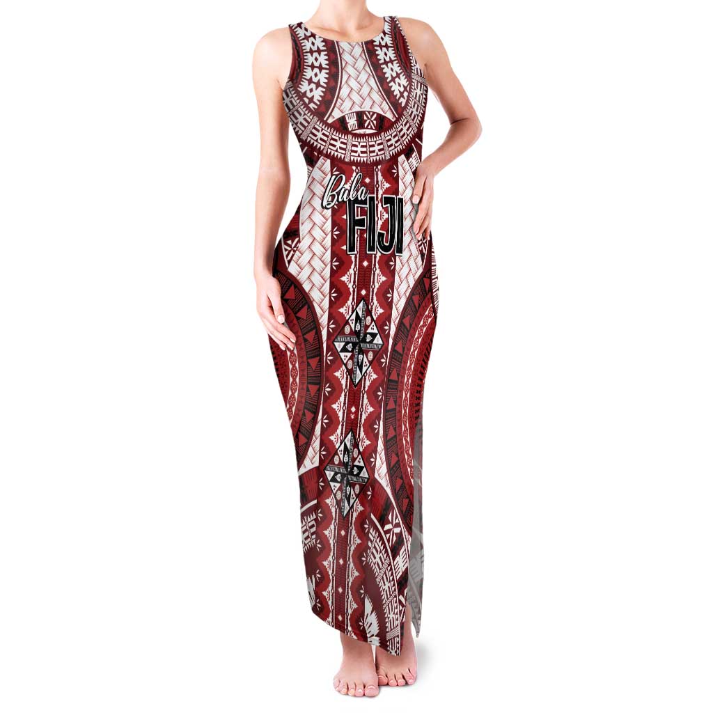 Bula Fiji Vintage Family Matching Tank Maxi Dress and Hawaiian Shirt Scarlet Masi Motifs LT7 Mom's Dress Scarlet - Polynesian Pride