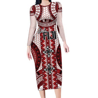 Bula Fiji Vintage Long Sleeve Bodycon Dress Scarlet Masi Motifs LT7 Long Dress Scarlet - Polynesian Pride