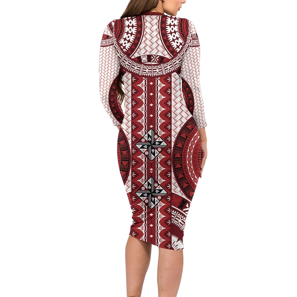 Bula Fiji Vintage Long Sleeve Bodycon Dress Scarlet Masi Motifs LT7 - Polynesian Pride