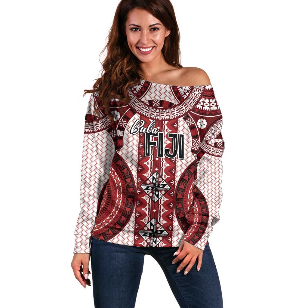 Bula Fiji Vintage Off Shoulder Sweater Scarlet Masi Motifs