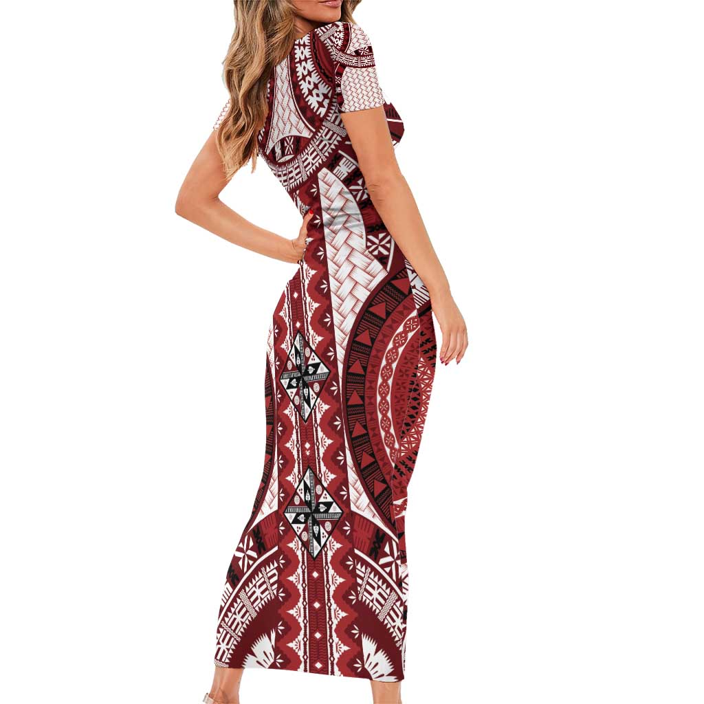 Bula Fiji Vintage Short Sleeve Bodycon Dress Scarlet Masi Motifs LT7 - Polynesian Pride