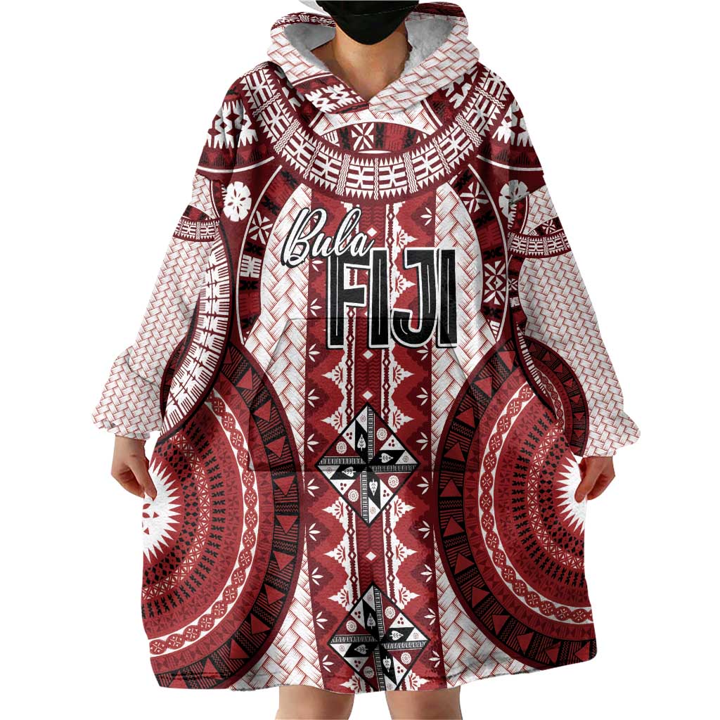 Bula Fiji Vintage Wearable Blanket Hoodie Scarlet Masi Motifs LT7 - Polynesian Pride