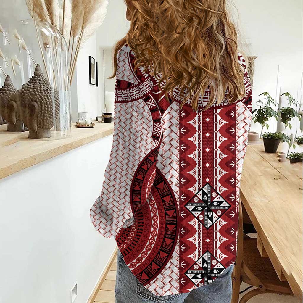 Bula Fiji Vintage Women Casual Shirt Scarlet Masi Motifs LT7 - Polynesian Pride