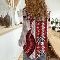 Bula Fiji Vintage Women Casual Shirt Scarlet Masi Motifs LT7 - Polynesian Pride