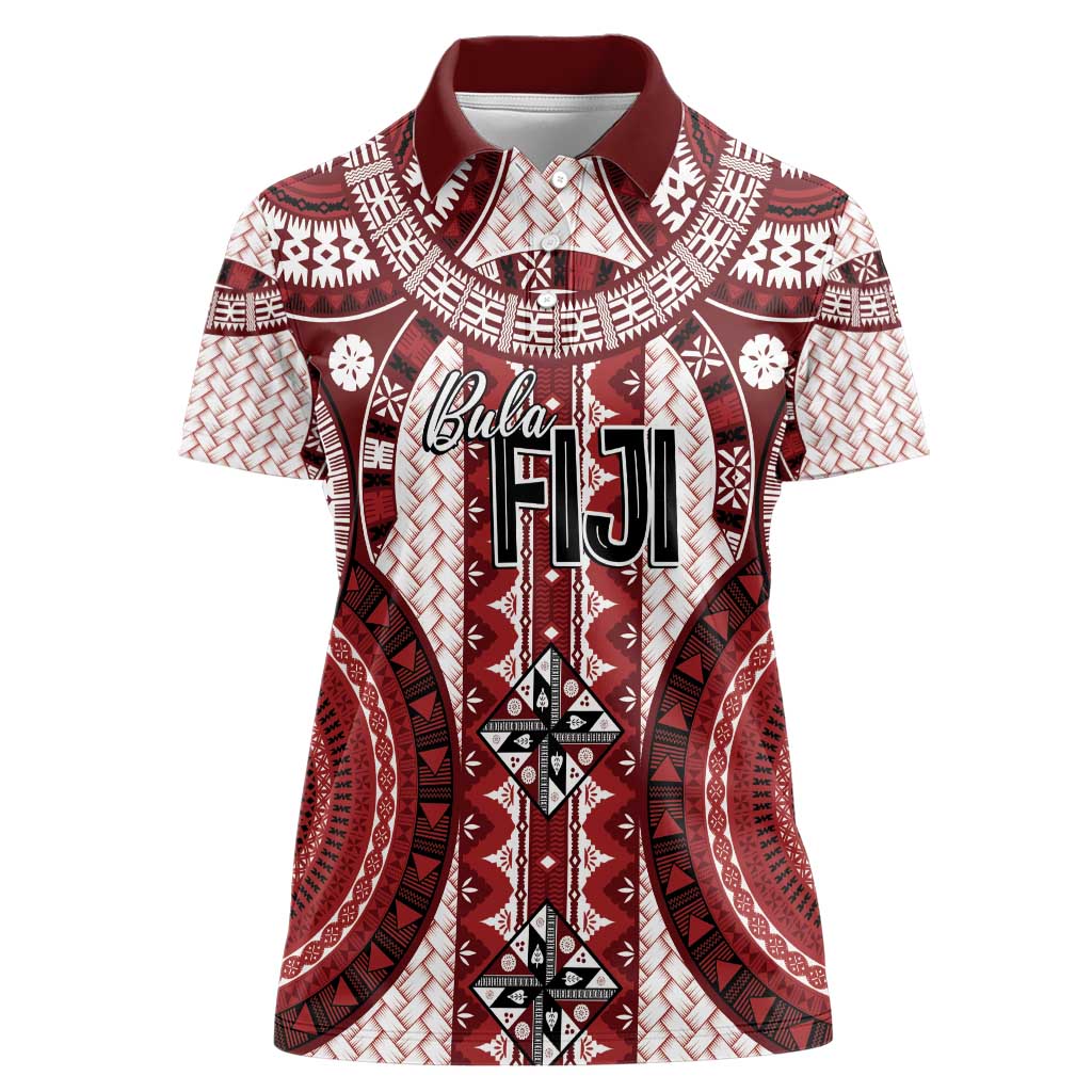 Bula Fiji Vintage Women Polo Shirt Scarlet Masi Motifs LT7 Female Scarlet - Polynesian Pride