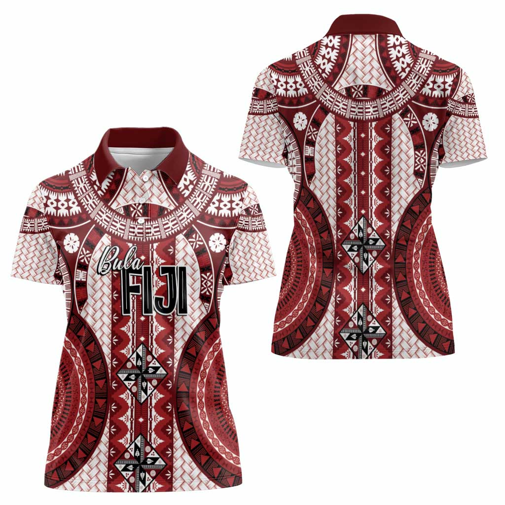 Bula Fiji Vintage Women Polo Shirt Scarlet Masi Motifs LT7 - Polynesian Pride