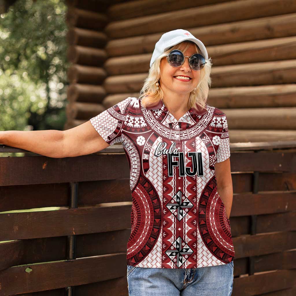 Bula Fiji Vintage Women Polo Shirt Scarlet Masi Motifs LT7 - Polynesian Pride