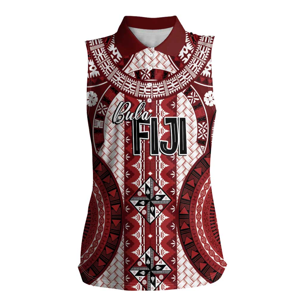 Bula Fiji Vintage Women Sleeveless Polo Shirt Scarlet Masi Motifs LT7 Female Scarlet - Polynesian Pride