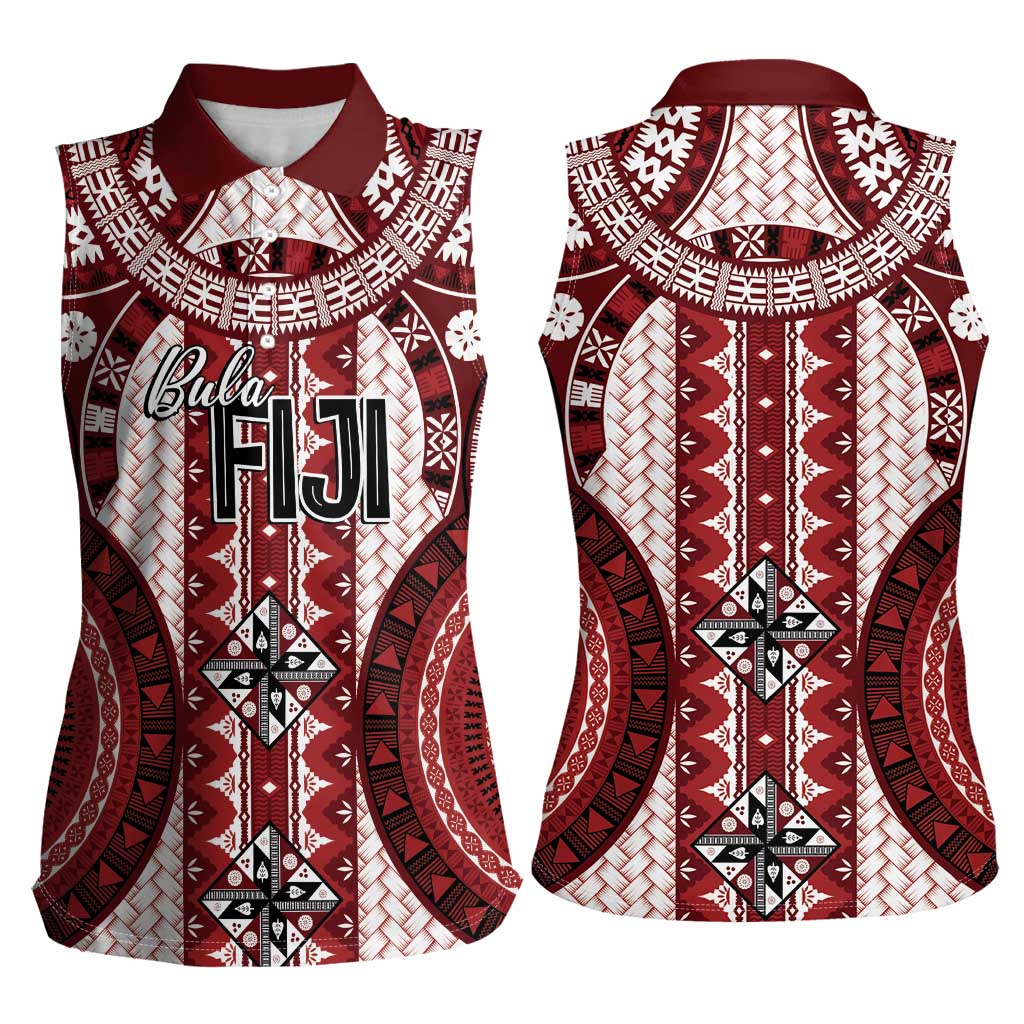 Bula Fiji Vintage Women Sleeveless Polo Shirt Scarlet Masi Motifs LT7 - Polynesian Pride