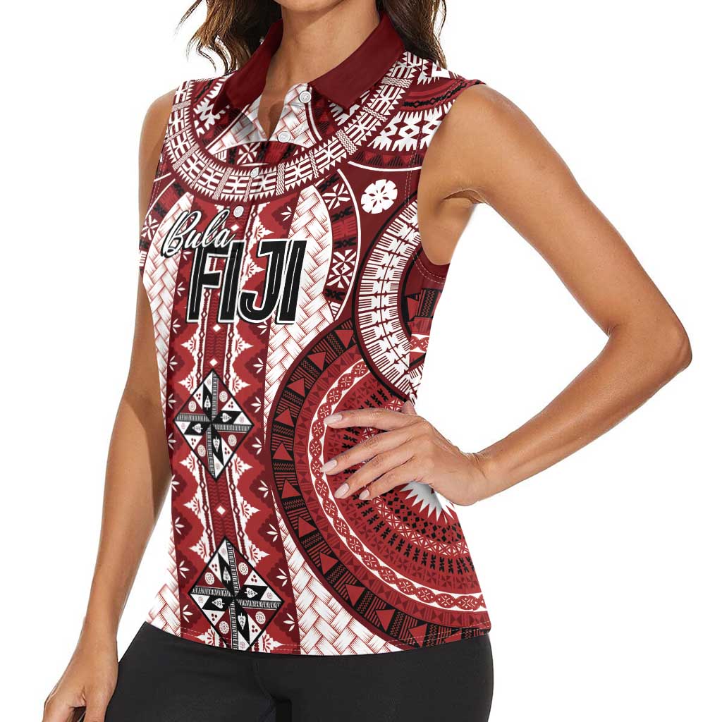 Bula Fiji Vintage Women Sleeveless Polo Shirt Scarlet Masi Motifs LT7 - Polynesian Pride