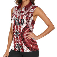Bula Fiji Vintage Women Sleeveless Polo Shirt Scarlet Masi Motifs LT7 - Polynesian Pride