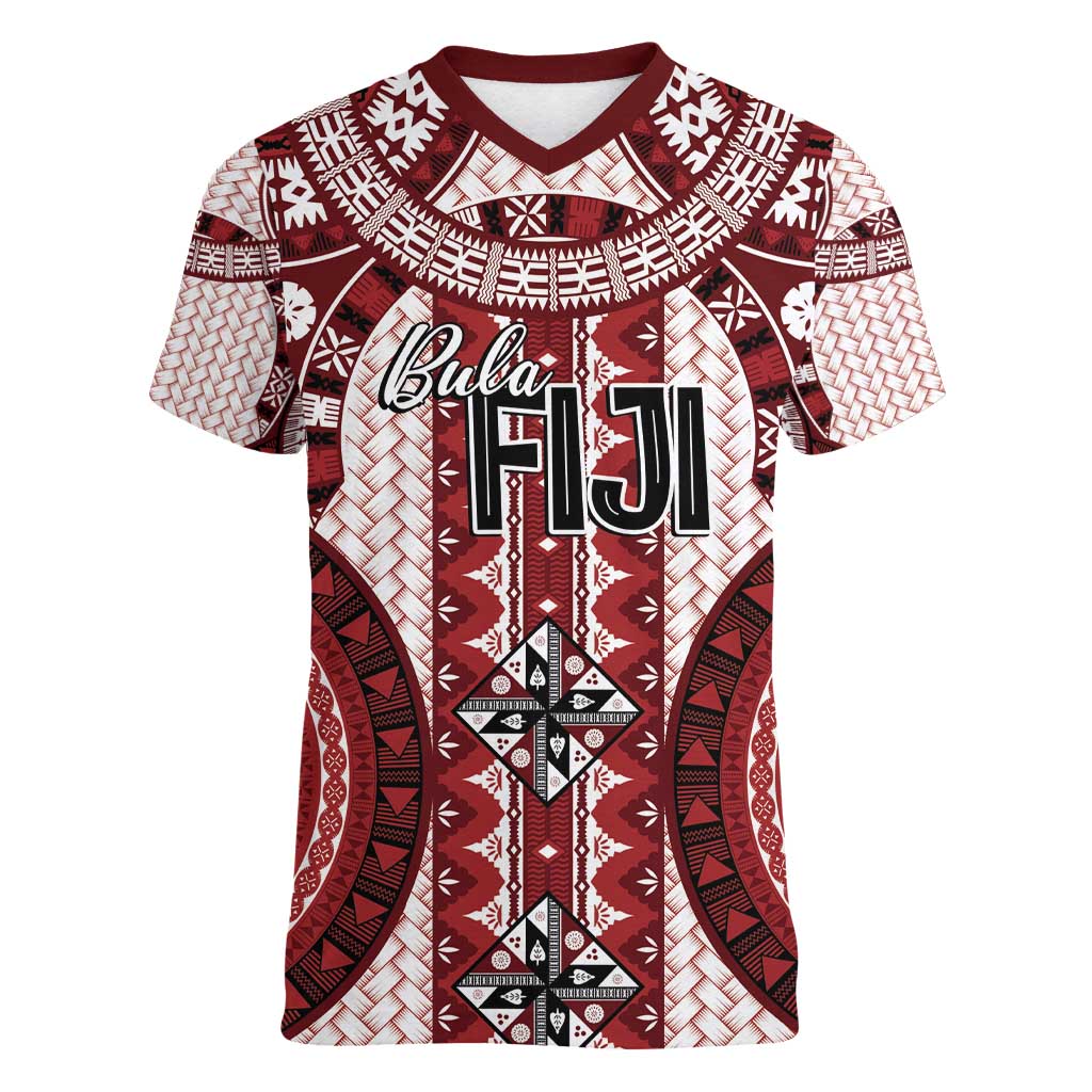 Bula Fiji Vintage Women V-Neck T-Shirt Scarlet Masi Motifs LT7 Female Scarlet - Polynesian Pride