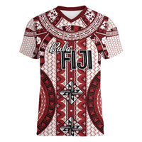 Bula Fiji Vintage Women V-Neck T-Shirt Scarlet Masi Motifs LT7 Female Scarlet - Polynesian Pride