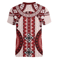 Bula Fiji Vintage Women V-Neck T-Shirt Scarlet Masi Motifs LT7 - Polynesian Pride