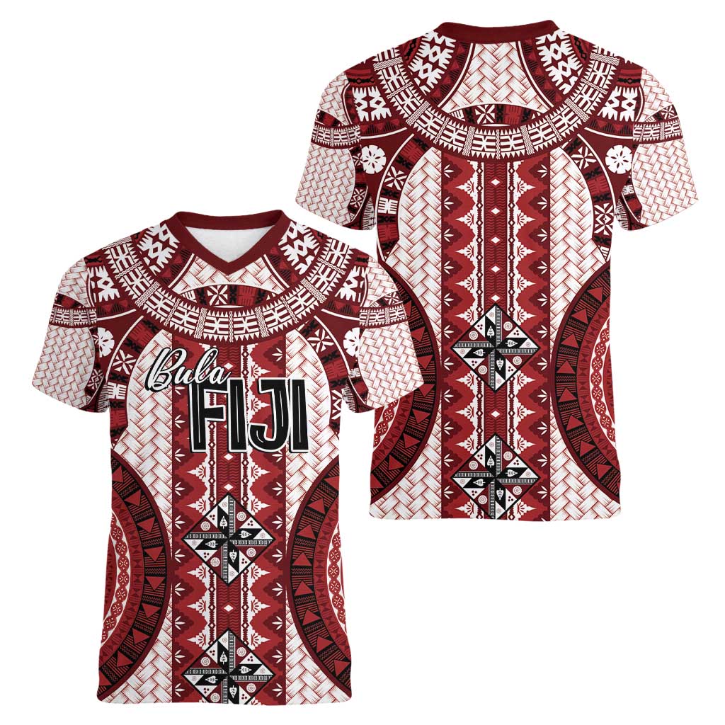 Bula Fiji Vintage Women V-Neck T-Shirt Scarlet Masi Motifs LT7 - Polynesian Pride