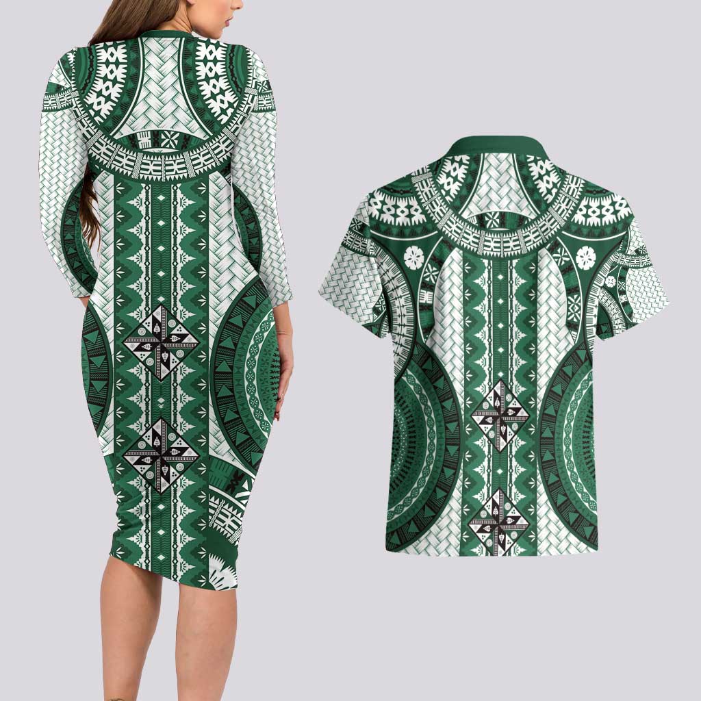 Bula Fiji Vintage Couples Matching Long Sleeve Bodycon Dress and Hawaiian Shirt Phthalo Green Masi Motifs LT7 - Polynesian Pride