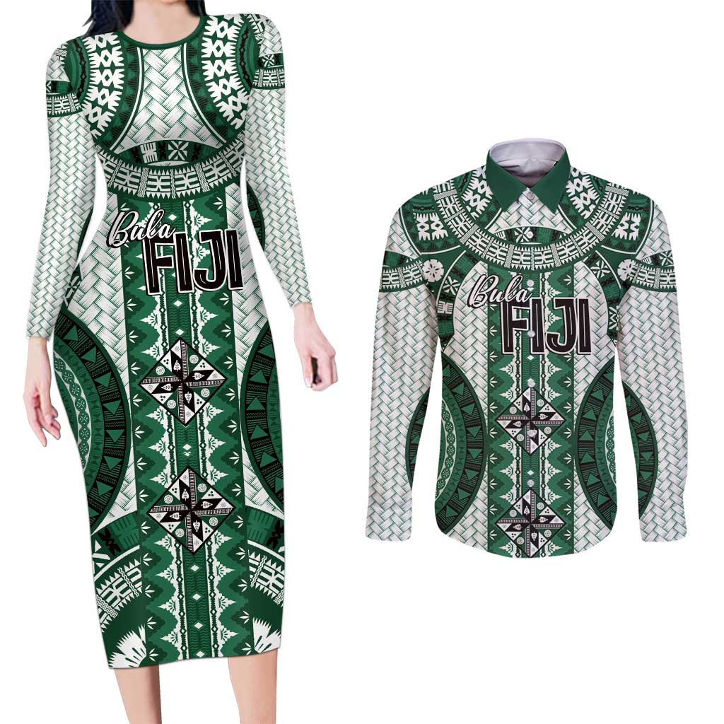 Bula Fiji Vintage Couples Matching Long Sleeve Bodycon Dress and Long Sleeve Button Shirt Phthalo Green Masi Motifs LT7 Phthalo Green - Polynesian Pride