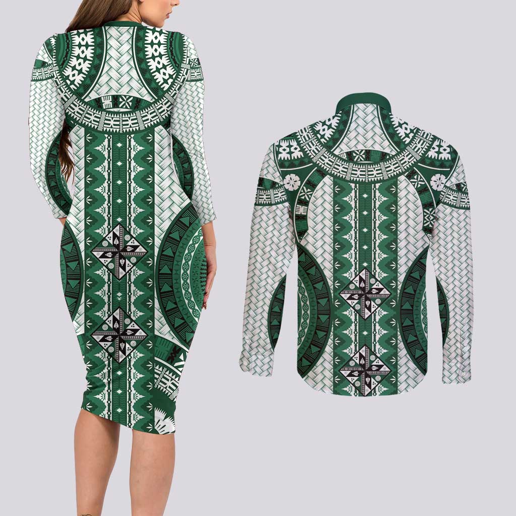 Bula Fiji Vintage Couples Matching Long Sleeve Bodycon Dress and Long Sleeve Button Shirt Phthalo Green Masi Motifs LT7 - Polynesian Pride