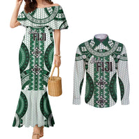 Bula Fiji Vintage Couples Matching Mermaid Dress and Long Sleeve Button Shirt Phthalo Green Masi Motifs LT7 Phthalo Green - Polynesian Pride