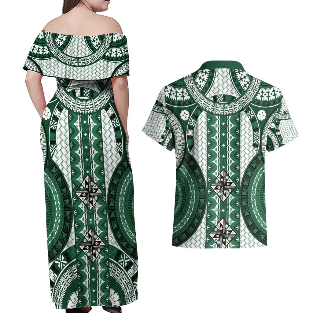 Bula Fiji Vintage Couples Matching Off Shoulder Maxi Dress and Hawaiian Shirt Phthalo Green Masi Motifs LT7 - Polynesian Pride