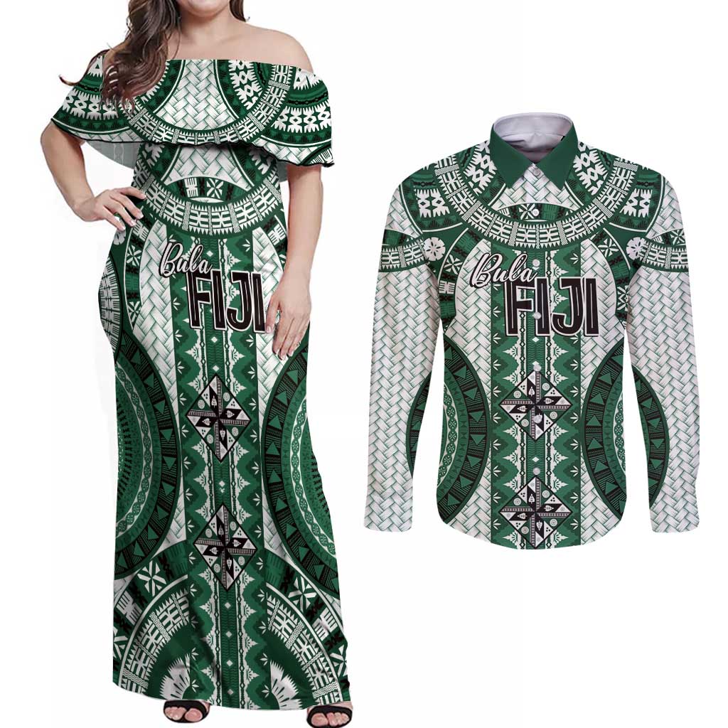 Bula Fiji Vintage Couples Matching Off Shoulder Maxi Dress and Long Sleeve Button Shirt Phthalo Green Masi Motifs LT7 Phthalo Green - Polynesian Pride