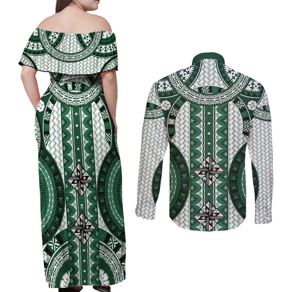 Bula Fiji Vintage Couples Matching Off Shoulder Maxi Dress and Long Sleeve Button Shirt Phthalo Green Masi Motifs LT7 - Polynesian Pride