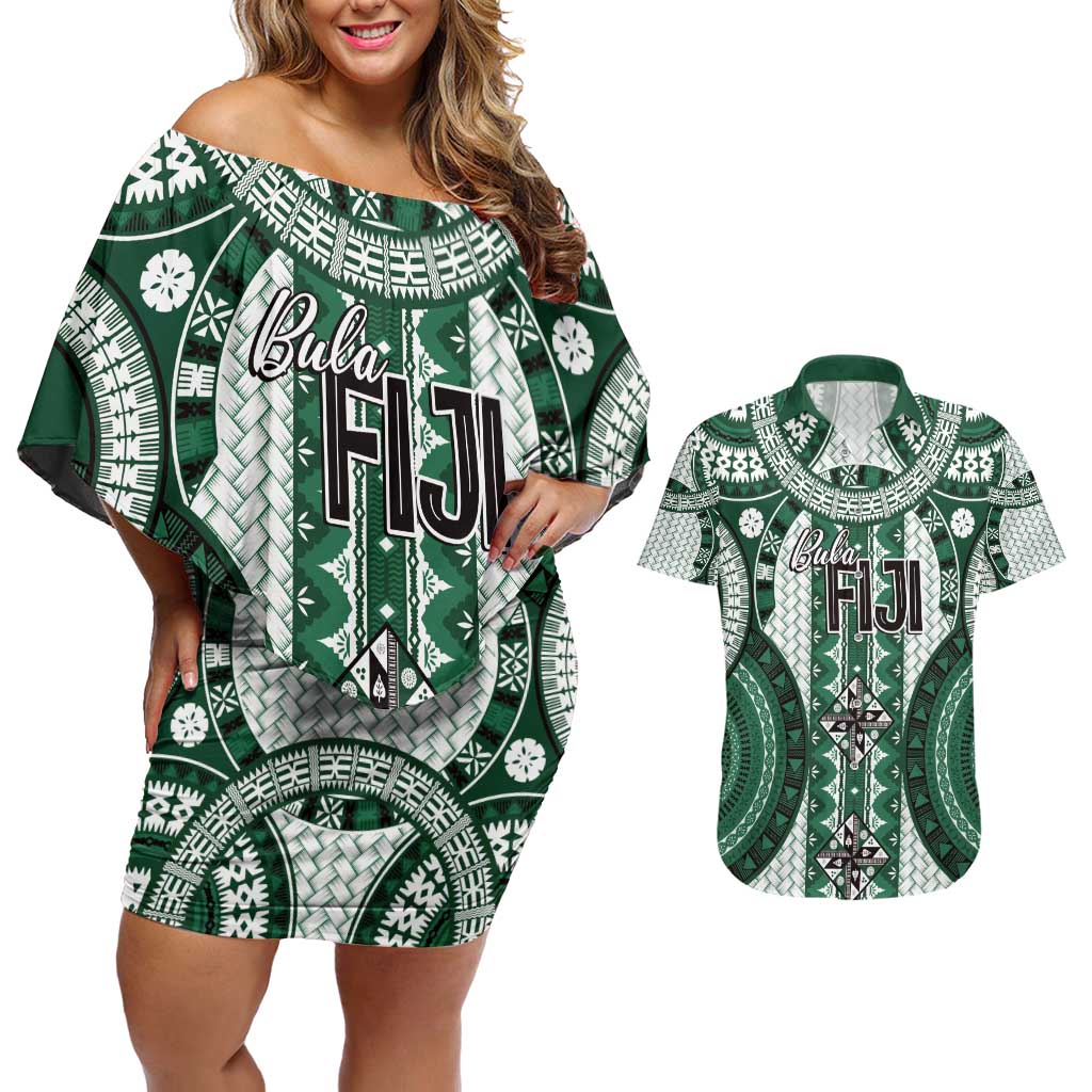Bula Fiji Vintage Couples Matching Off Shoulder Short Dress and Hawaiian Shirt Phthalo Green Masi Motifs LT7 Phthalo Green - Polynesian Pride
