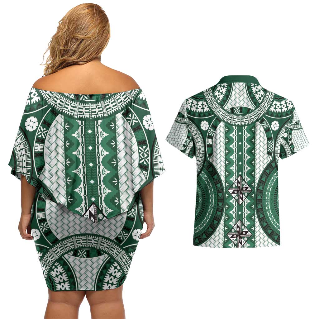 Bula Fiji Vintage Couples Matching Off Shoulder Short Dress and Hawaiian Shirt Phthalo Green Masi Motifs LT7 - Polynesian Pride