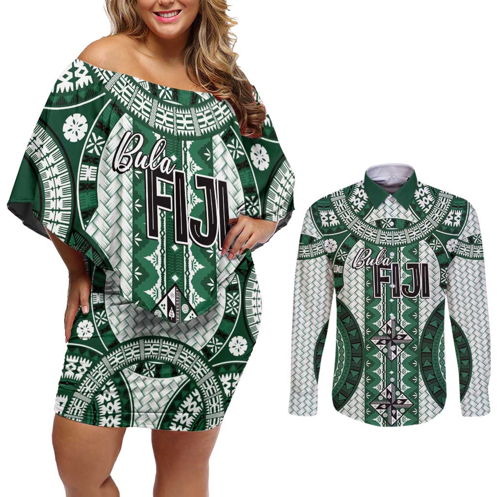 Bula Fiji Vintage Couples Matching Off Shoulder Short Dress and Long Sleeve Button Shirt Phthalo Green Masi Motifs LT7 Phthalo Green - Polynesian Pride