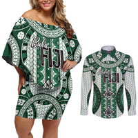 Bula Fiji Vintage Couples Matching Off Shoulder Short Dress and Long Sleeve Button Shirt Phthalo Green Masi Motifs LT7 Phthalo Green - Polynesian Pride