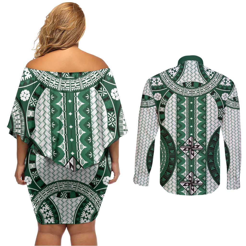 Bula Fiji Vintage Couples Matching Off Shoulder Short Dress and Long Sleeve Button Shirt Phthalo Green Masi Motifs LT7 - Polynesian Pride