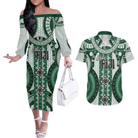 Bula Fiji Vintage Couples Matching Off The Shoulder Long Sleeve Dress and Hawaiian Shirt Phthalo Green Masi Motifs LT7 Phthalo Green - Polynesian Pride