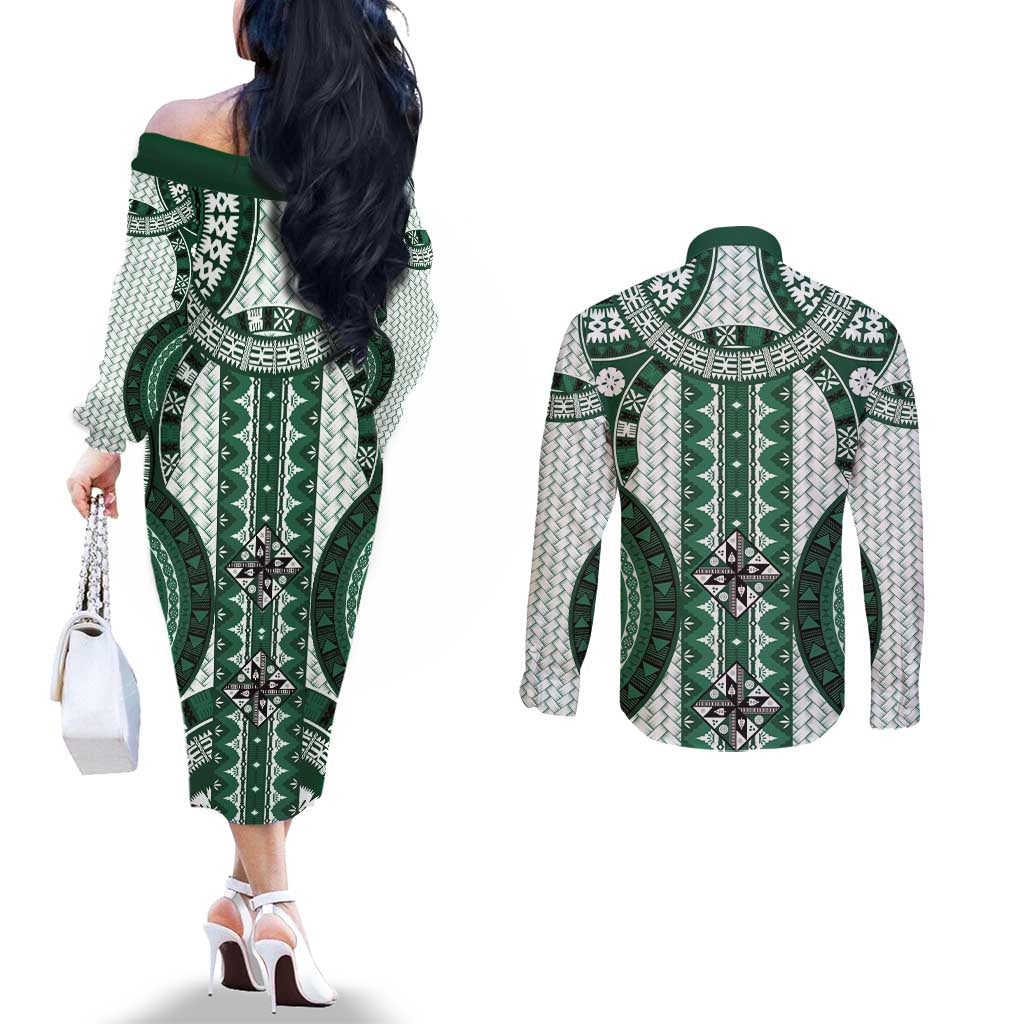 Bula Fiji Vintage Couples Matching Off The Shoulder Long Sleeve Dress and Long Sleeve Button Shirt Phthalo Green Masi Motifs LT7 - Polynesian Pride