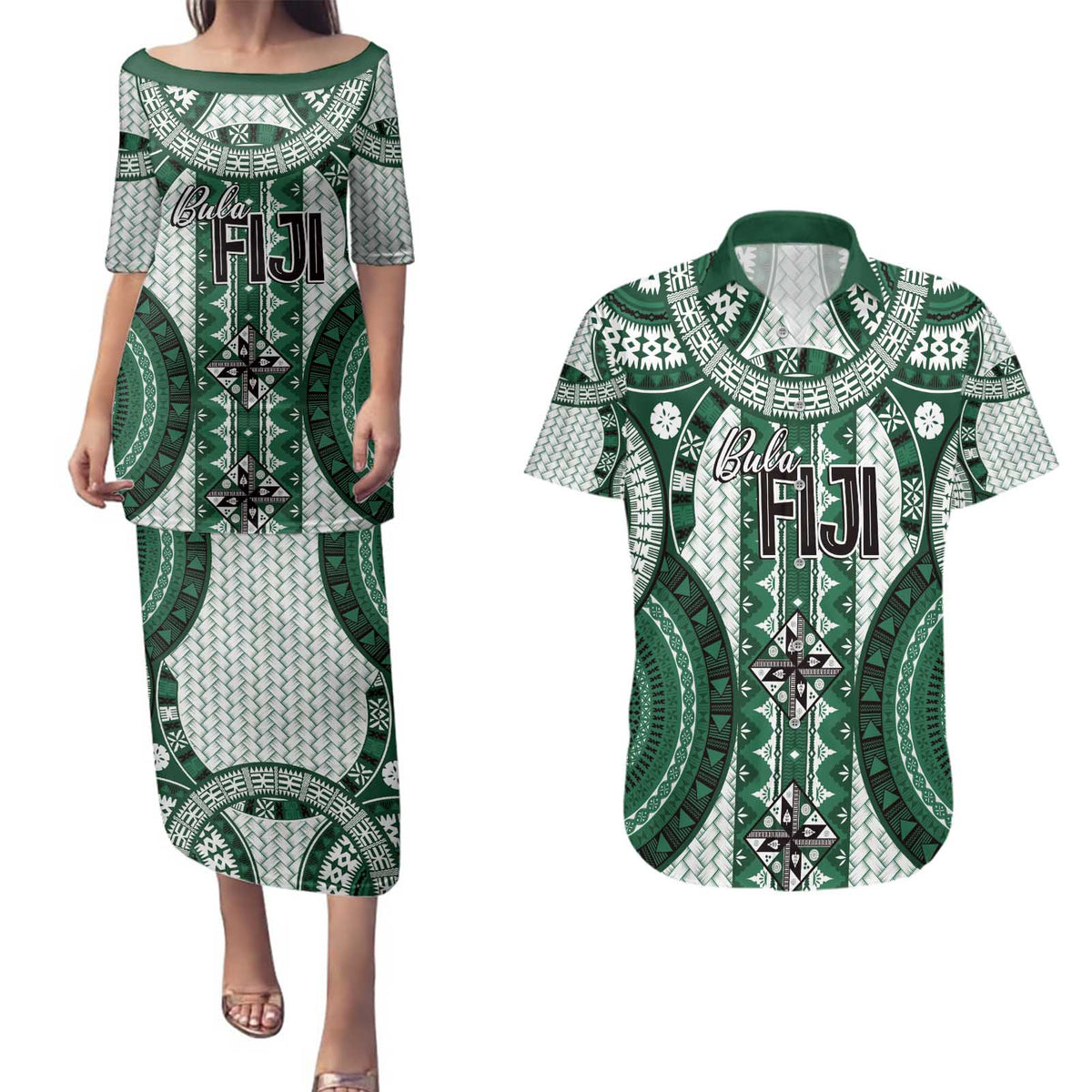 Bula Fiji Vintage Couples Matching Puletasi and Hawaiian Shirt Phthalo Green Masi Motifs LT7 Phthalo Green - Polynesian Pride