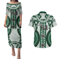 Bula Fiji Vintage Couples Matching Puletasi and Hawaiian Shirt Phthalo Green Masi Motifs LT7 Phthalo Green - Polynesian Pride