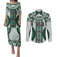 Bula Fiji Vintage Couples Matching Puletasi and Long Sleeve Button Shirt Phthalo Green Masi Motifs LT7 Phthalo Green - Polynesian Pride