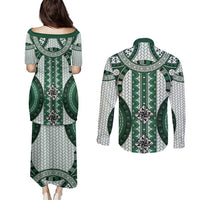Bula Fiji Vintage Couples Matching Puletasi and Long Sleeve Button Shirt Phthalo Green Masi Motifs LT7 - Polynesian Pride