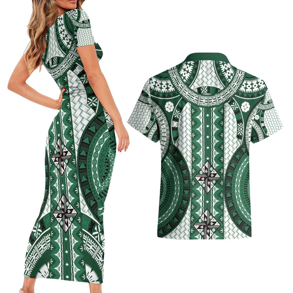 Bula Fiji Vintage Couples Matching Short Sleeve Bodycon Dress and Hawaiian Shirt Phthalo Green Masi Motifs LT7 - Polynesian Pride