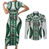 Bula Fiji Vintage Couples Matching Short Sleeve Bodycon Dress and Long Sleeve Button Shirt Phthalo Green Masi Motifs LT7 Phthalo Green - Polynesian Pride
