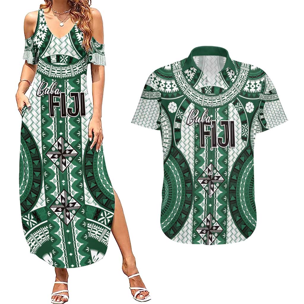 Bula Fiji Vintage Couples Matching Summer Maxi Dress and Hawaiian Shirt Phthalo Green Masi Motifs LT7 Phthalo Green - Polynesian Pride