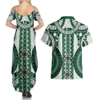 Bula Fiji Vintage Couples Matching Summer Maxi Dress and Hawaiian Shirt Phthalo Green Masi Motifs LT7 - Polynesian Pride