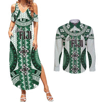 Bula Fiji Vintage Couples Matching Summer Maxi Dress and Long Sleeve Button Shirt Phthalo Green Masi Motifs LT7 Phthalo Green - Polynesian Pride