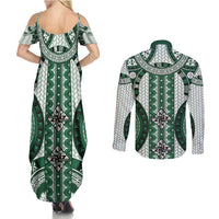 Bula Fiji Vintage Couples Matching Summer Maxi Dress and Long Sleeve Button Shirt Phthalo Green Masi Motifs LT7 - Polynesian Pride
