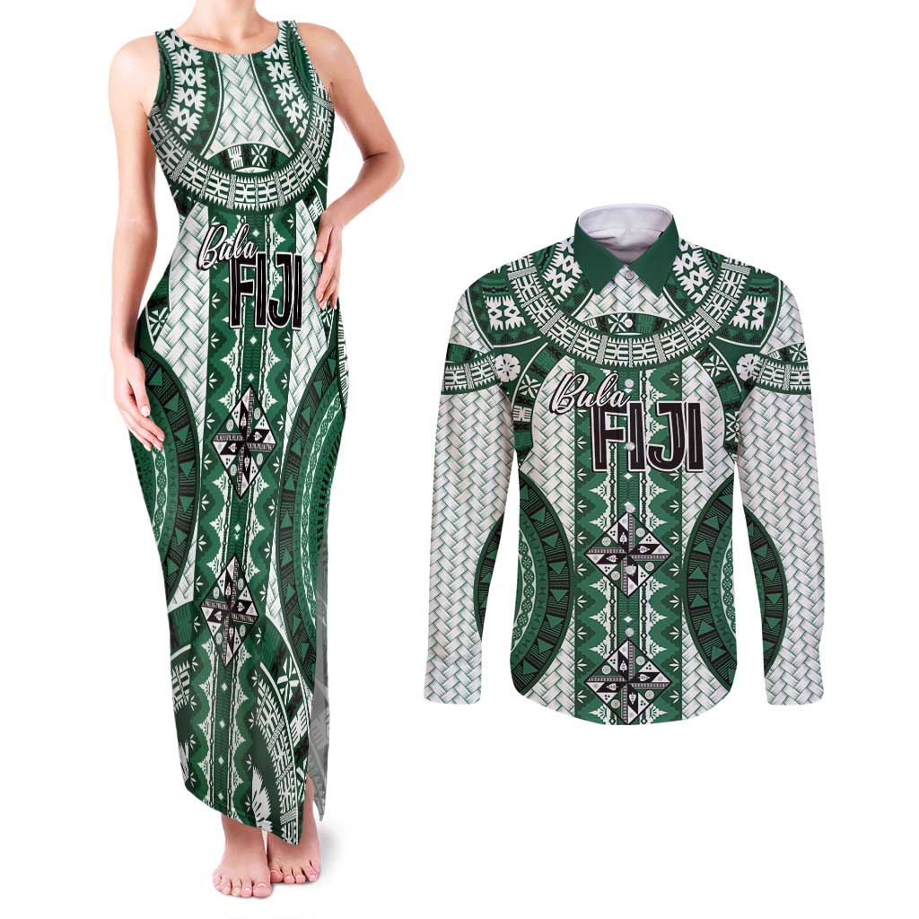 Bula Fiji Vintage Couples Matching Tank Maxi Dress and Long Sleeve Button Shirt Phthalo Green Masi Motifs LT7 Phthalo Green - Polynesian Pride