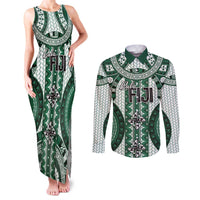 Bula Fiji Vintage Couples Matching Tank Maxi Dress and Long Sleeve Button Shirt Phthalo Green Masi Motifs LT7 Phthalo Green - Polynesian Pride